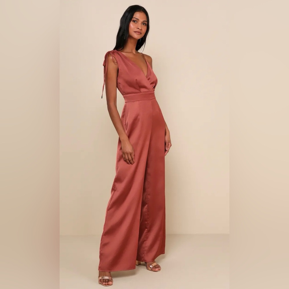 Lulu's Satin Tie-Strap Wide-Leg Jumpsuit in Rosewood